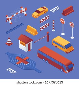 Set isometric of border closure, cars and equipment, stop coronavirus sign on blue bckground. Vector concept collection