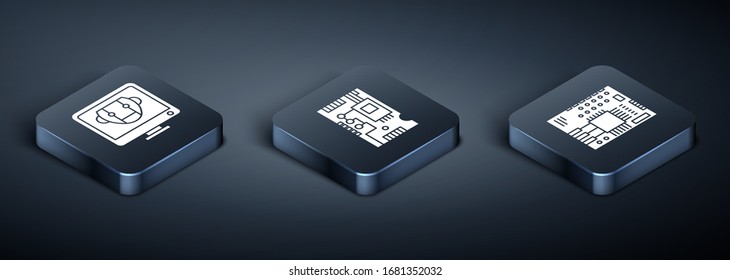 Set Isometric Bot, Printed circuit board PCB and Electronic computer components motherboard digital chip icon. Vector