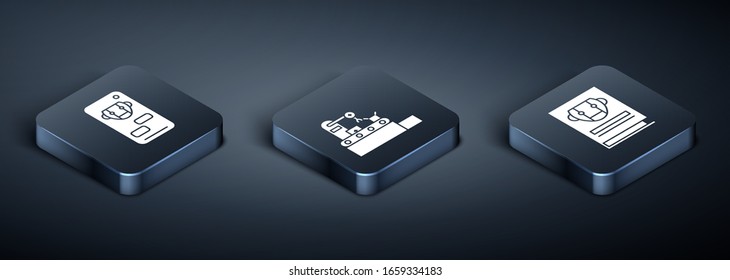 Set Isometric Bot, User manual and Factory conveyor system belt icon. Vector