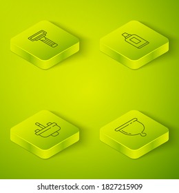 Set Isometric Bottle for cleaning agent, Washbasin with water tap, Menstrual cup and Shaving razor icon. Vector