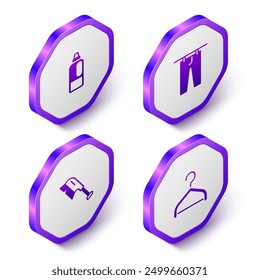 Set Isometric Bottle for detergent, Drying clothes, Brush cleaning and Hanger wardrobe icon. Purple hexagon button. Vector