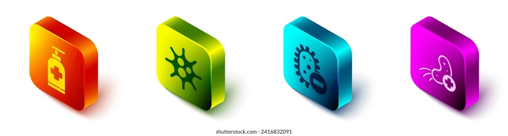 Set Isometric Bottle of liquid antibacterial soap, Virus, Negative virus and Positive virus icon. Vector