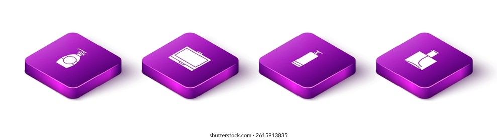 Set Isometric Bottle of liquid soap, Makeup powder with mirror, Cream cosmetic tube and Perfume icon. Vector