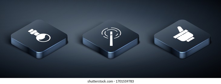 Set Isometric Bottle with love potion, Magic mortar and pestle and Magic wand icon. Vector