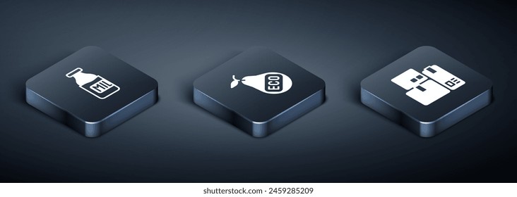 Set Isometric Bottle with milk, Cash register machine and Healthy organic pear icon. Vector