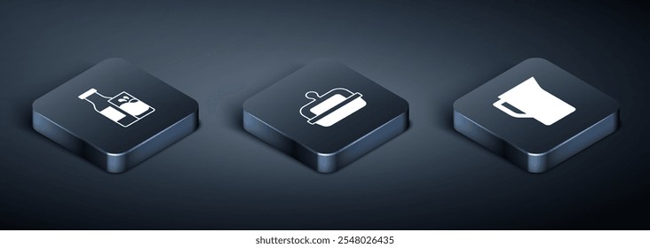 Set Isometric Bottle milk and glass, Milk jug or pitcher and Butter in butter dish icon. Vector