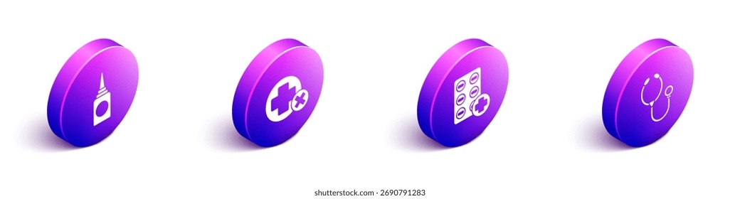 Conjunto de spray nasal de botella isométrica, hospital médico cruzado, píldoras en blister e icono de estetoscopio. Vector