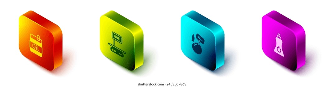 Set Isometrische Flasche Olivenöl, Elektronische Musik Schuppen, Supermarkt-Lebensmittel mit Preis-Etikett und Saucen-Flaschen-Symbol. Vektorgrafik