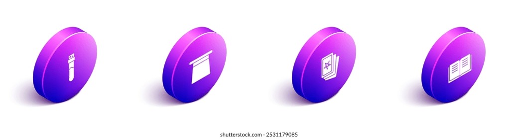 Set Isometric Bottle with potion, Magic hat, Three tarot cards and Ancient magic book icon. Vector