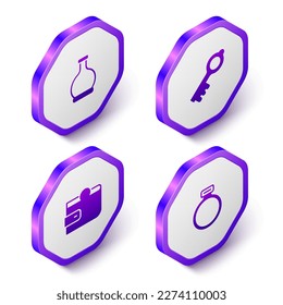 Set Isometric Bottle with potion, Old magic key, Wallet and Magic stone ring icon. Purple hexagon button. Vector
