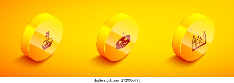 Conjunto de botella isométrica con poción, calabaza y icono de vela ardiente. Vector