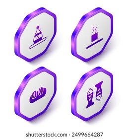 Conjunto de botella isométrica de sake, taza de té, sushi y pescado servido en el icono del plato. Botón hexagonal púrpura. Vector