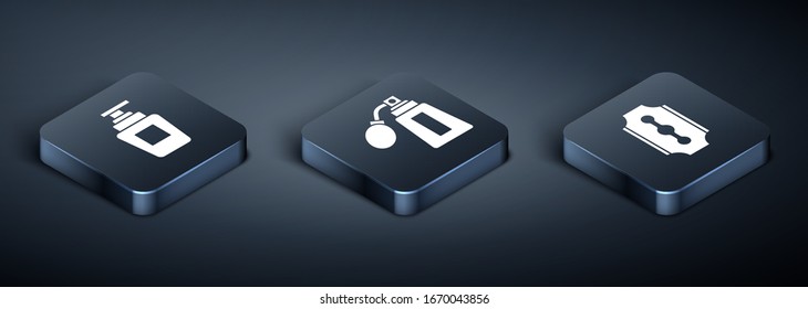 Set Isometric Bottle of shampoo, Blade razor and Aftershave bottle with atomizer icon. Vector