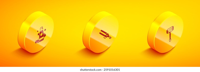 Set Isometric Bottle of shampoo, Curling iron and Shaving razor icon. Vector