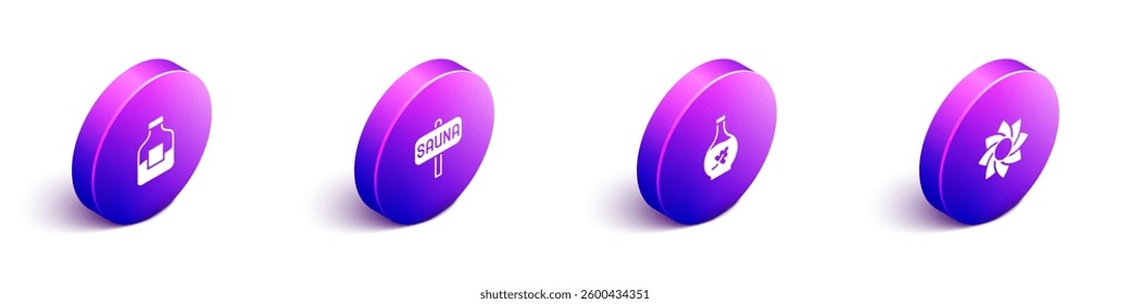 Set Isometric Bottle of vodka, Sauna, Essential oil bottle and Flower icon. Vector