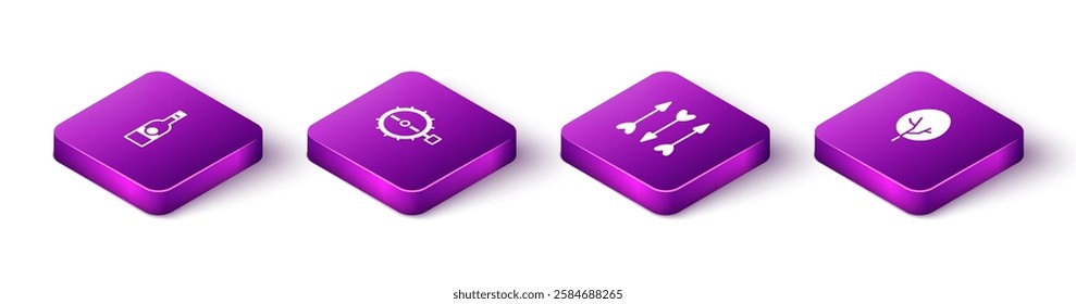 Set Isometric Bottle of vodka, Trap hunting, Hipster arrows and Tree icon. Vector