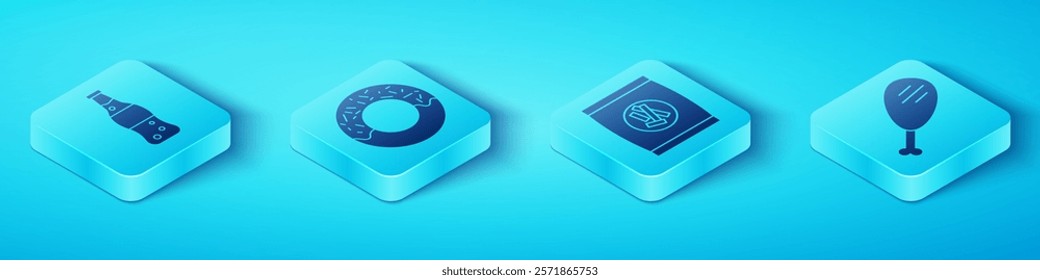 Set Isometric Bottle of water, Donut, Chicken leg and Hard bread chucks crackers icon. Vector