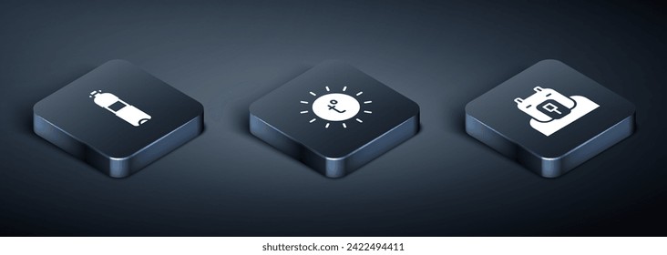 Set Isometric Bottle of water, Polar bear head and Sun icon. Vector