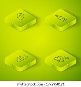 Colocar botella isométrica de agua, taco con tortilla, caramelo e icono de pierna de pollo. Vector