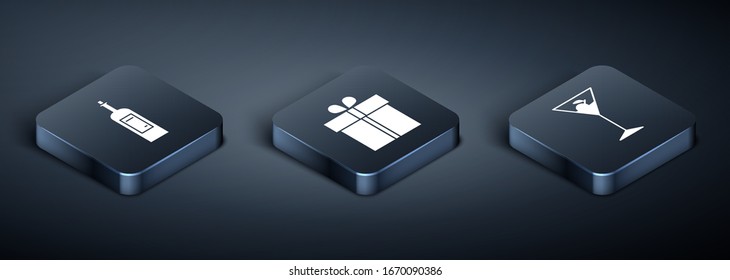 Set Isometric Bottle of wine , Martini glass  and Gift box  icon. Vector