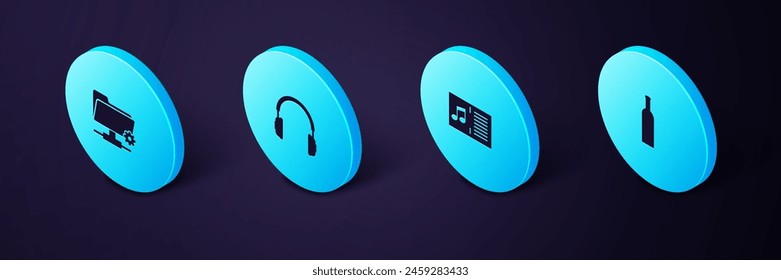 Set Isometric Bottle of wine, Music book with note, Headphones and FTP settings folder icon. Vector