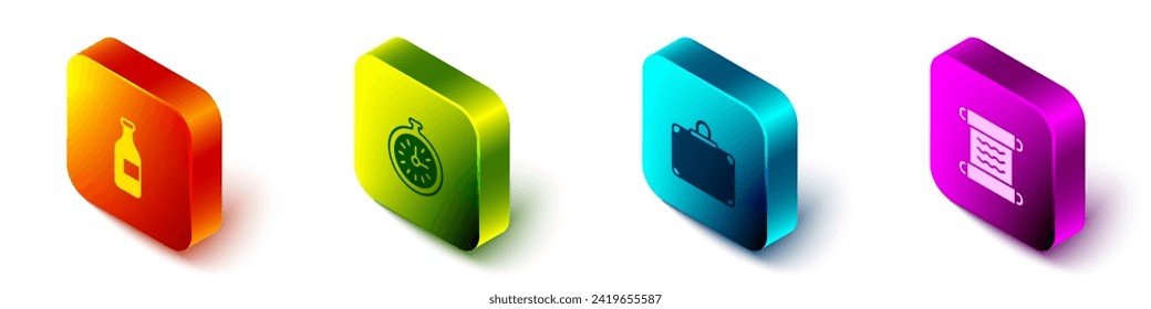 Set Isometric Bottle of wine, Pocket watch, Suitcase y el icono de desplazamiento Papyrus. Vector