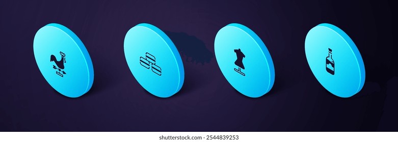 Conjunto de botellas isométricas de vino, maniquí, galleta Macaron e ícono de paleta de Clima Rooster. Vector