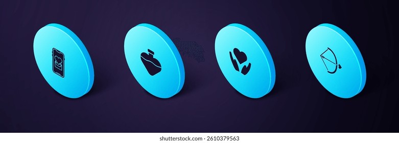 Set Isometric Bow and arrow, Heart in hand, Bottle with love potion and Mobile heart icon. Vector