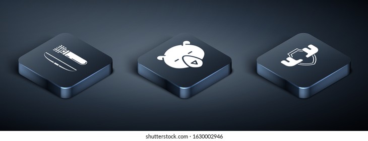 Set Isometric Bow and arrow in quiver, Moose horns on shield and Bear head icon. Vector