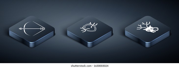 Set Isometric Bow and arrow in quiver, Hunt on deer with crosshairs and Deer antlers on shield icon. Vector