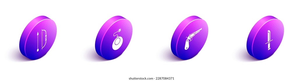 Set Isometric Bow and arrow in quiver, Bomb ready to explode, Revolver gun and Military knife icon. Vector