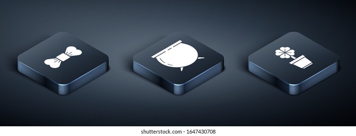Set Isometric Bow tie, Four leaf clover in pot and Witch cauldron icon. Vector