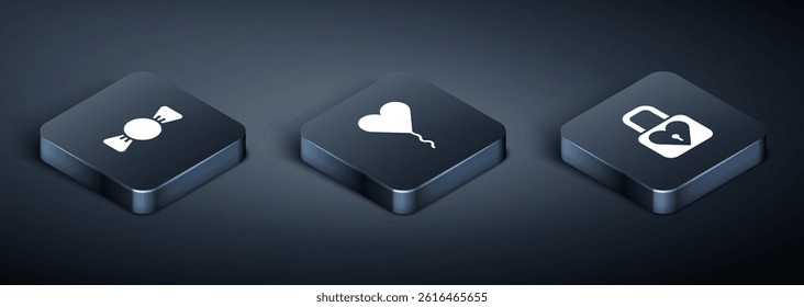 Set Isometric Bow tie, Lock and heart and Balloon in form of icon. Vector
