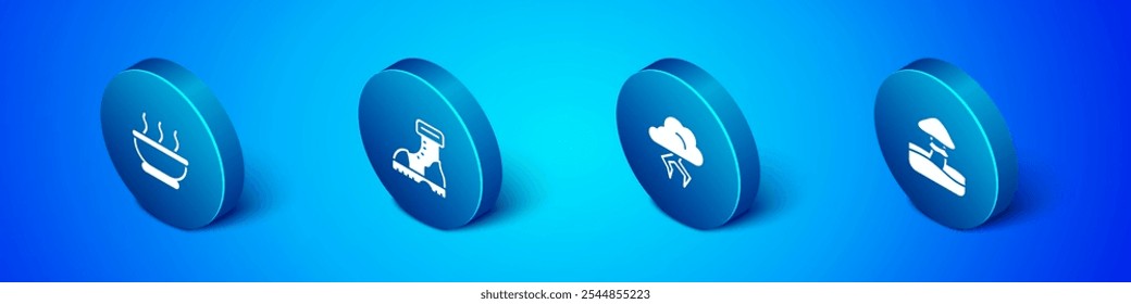 Set Isometric Bowl of hot soup, Storm, Mushroom and Waterproof rubber boot icon. Vector