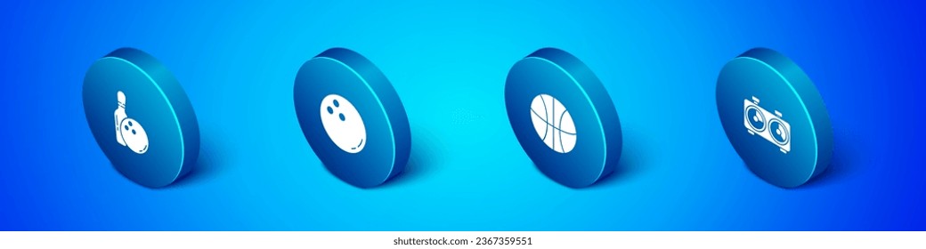 Set Isometric Bowling pin and ball, Basketball, Time chess clock and  icon. Vector