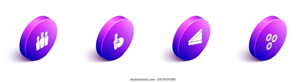 Set Isometric Bowling pin, and ball, Billiard triangle and  icon. Vector