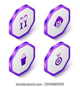 Set Isometric Bowling pin, Clown head, Ice cream waffle and Unicycle icon. Purple hexagon button. Vector