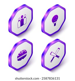 Set Isometric Bowling pin, Golf ball on tee, Bicycle helmet and Crossed baseball bat icon. Purple hexagon button. Vector