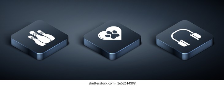 Set Isometric Bowling pin, Headphones and Heart with animals footprint icon. Vector