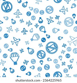Set Isometric Box flying on parachute, No cell phone and Plane icon. Vector