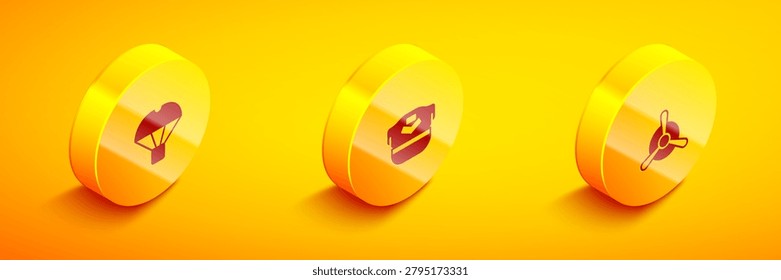 Set Isometric Box flying on parachute, Pilot hat and Plane propeller icon. Vector