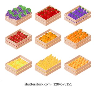 Set of isometric box with fruits and vegetables on white background. Apple, pear, eggplant, lemon, grapes, tomato, carrots, corn in containers for sale. Vector illustration