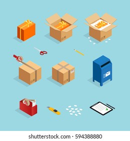 Set of isometric box packing stages icons with gift wrappings sticky tape and carton mail box vector illustration