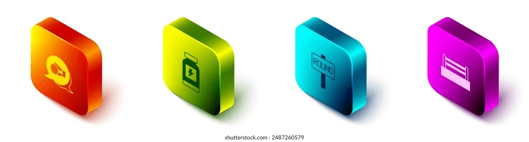 Set Guante de boxeo isométrico, bebida energética, tablero de anillos e icono. Vector