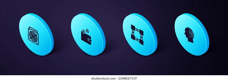 Set Isometric Brain as digital circuit board, Blockchain technology, Cryptocurrency wallet and ASIC Miner icon. Vector