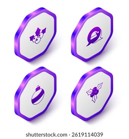 Set Isometric Branch viburnum, Christmas Santa Claus hat, ball and  icon. Purple hexagon button. Vector