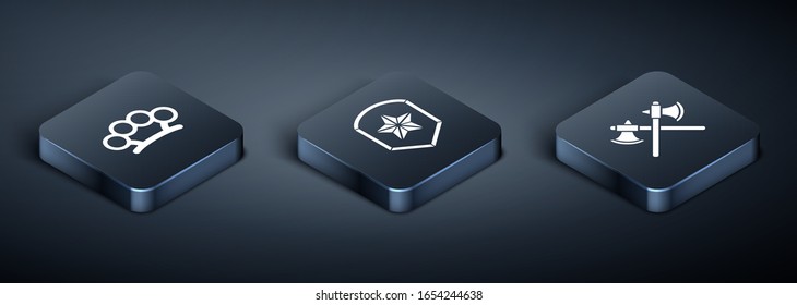 Set isometrische Messingknuckles, überquerte Mittelalterachsen und Polizei-Badge-Symbol. Vektorillustration