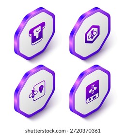 Definir Pão Isométrico com mel, Abelha e favo de mel, localização e Livro sobre ícone de abelha. Botão hexágono roxo. Vetor