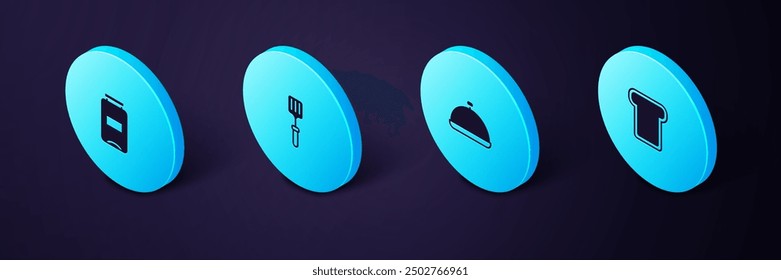 Set Isometric Bread toast, Covered with tray of food, Barbecue spatula and Jam jar icon. Vector