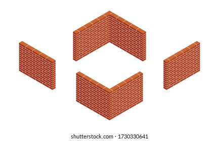 Set of isometric brick walls. New red brick walls of the house. Colorful brickwork isolated on white background. 3D. Vector illustration.